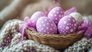 A basket of eggs with purple and white polka dots. The eggs are arranged in a basket and are surrounded by a blanket. The basket is placed on a table photo
