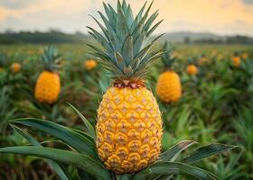 A close up of a pineapple with a few other pineapples in the background. Scene is peaceful and serene, as the pineapple is surrounded by a lush green field photo
