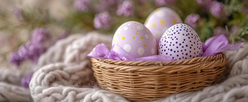 A basket of painted eggs sits on a blanket. The eggs are decorated with polka dots and stripes, and the basket is woven from straw. Concept of warmth and comfort, as the eggs photo