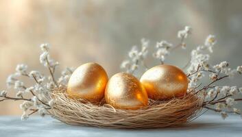 Three golden eggs are sitting in a nest made of twigs. The nest is on a table and the eggs are surrounded by white flowers. The scene gives off a warm and cozy feeling photo