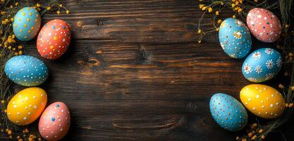 A wooden background with a row of painted eggs on it. The eggs are in various colors and some have polka dots. The scene is likely meant to evoke a sense of springtime and Easter photo