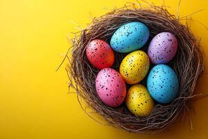 A nest of eggs with a yellow background. The eggs are of different colors, including pink, blue, and yellow. The nest is made of twigs and straw, and it is a cozy and warm place for the eggs photo