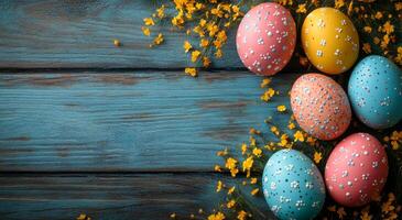 A wooden background with a bunch of painted eggs on it. The eggs are in different colors and sizes, and they are arranged in a way that creates a sense of harmony and balance photo