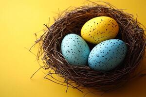 A nest of three eggs, one blue and two yellow, sits on a yellow surface. The eggs are speckled with black spots, giving them a whimsical and playful appearance. The nest is made of twigs and branches photo