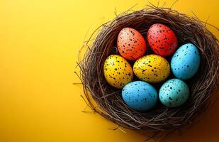 A nest of eggs with a yellow background. The eggs are of different colors, including blue, yellow, and red. The nest is made of twigs and branches photo