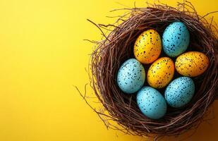 A nest of eggs with a yellow and blue background. The eggs are speckled with black dots photo