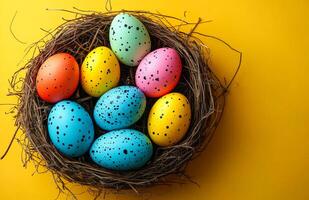 A nest of eggs with a yellow background. The eggs are of different colors and sizes. The nest is made of twigs and grass photo