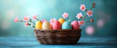 A basket of Easter eggs is sitting on a table with pink flowers in the background. The basket is filled with a variety of eggs, including some that are painted and others that are plain photo