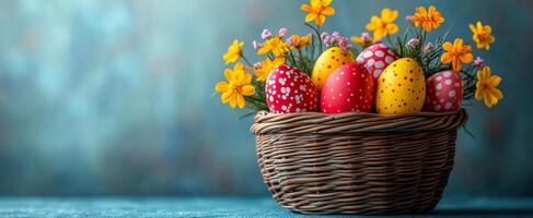 A basket of Easter eggs is sitting on a blue table. The basket is filled with a variety of eggs, including some with polka dots and some with flowers painted on them photo