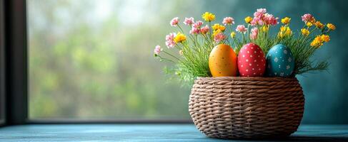 A basket of eggs with flowers in it sits on a table. The basket is filled with a variety of eggs, including some that are painted with polka dots. The flowers in the basket are yellow and pink photo
