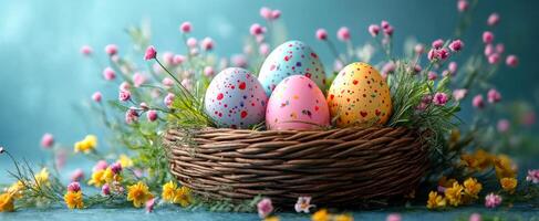 A basket of colorful eggs is surrounded by flowers on a blue background. The basket is placed on a table, and the eggs are arranged in a way that they look like they are ready to be eaten photo