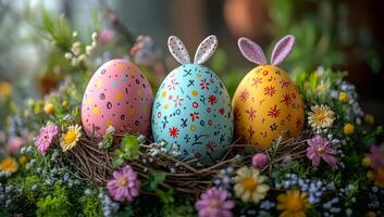 Three painted eggs with bunny ears are sitting in a basket of flowers. The eggs are in a nest of flowers and grass, and the basket is placed on a table. The scene is colorful and cheerful photo