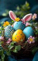 A basket of Easter eggs with a bunny on top. The eggs are painted in different colors and the bunny is wearing a flower headband. The basket is surrounded by flowers and leaves, creating a festive photo