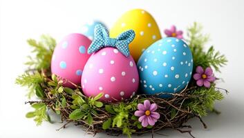 A basket of painted eggs with a bow and flowers. The eggs are in a nest and are decorated with polka dots and a bow. The basket is on a white background photo