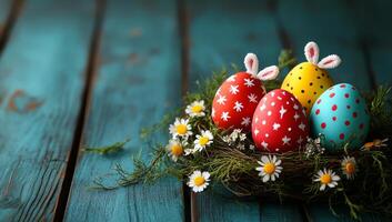 A basket of painted Easter eggs sits on a wooden table. The eggs are in various colors and designs, and there are also some flowers in the basket. Concept of warmth and joy photo