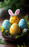 A basket of painted Easter eggs with a bunny on top. The eggs are in different colors and designs, and the bunny is wearing a flower crown. The basket is placed on a wooden surface photo