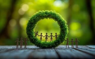 A group of people are holding hands in a circle of green plants. Concept of unity and togetherness, as the people are all connected by the plants photo
