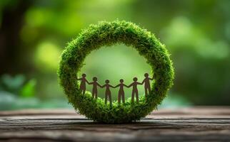 A group of people are holding hands in a circle of green grass. Concept of unity and togetherness, as the people are all connected by the same circle. The green grass adds a natural photo