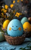A blue egg with a smiley face painted on it sits in a basket of eggs. The basket is surrounded by flowers and other eggs, creating a cheerful and festive atmosphere photo