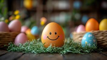 A smiling egg is sitting on a green grassy area. There are many other eggs in the background, some of which are in baskets photo