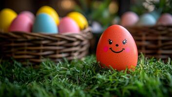 A smiling orange egg is sitting on a patch of grass. The eggs are in baskets and are arranged in a way that they look like they are smiling photo