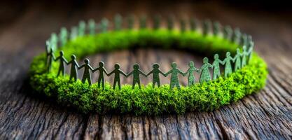 A group of people are holding hands in a circle. The people are made of paper and the circle is made of moss. Concept of unity and togetherness photo