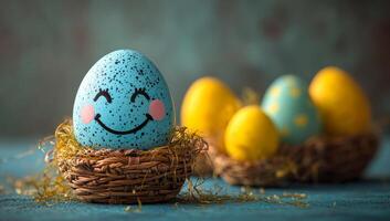 A blue egg with a smiley face is sitting in a basket. There are other eggs in baskets around it photo