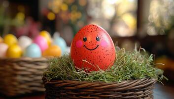 A red egg with a smiley face on it is sitting on a bed of grass. The egg is surrounded by a basket of eggs, some of which are also smiling. Concept of joy and playfulness photo