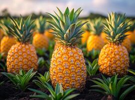 A bunch of pineapples are growing in a field. The pineapples are yellow and green photo