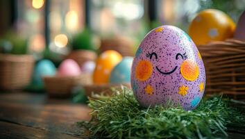 A purple egg with a smiley face painted on it sits on a green mat. The egg is surrounded by other eggs, some of which are painted in different colors. Concept of joy and playfulness photo