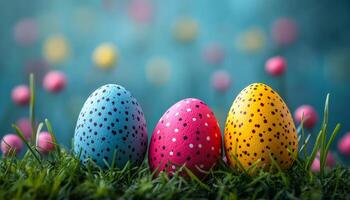 Three colorful eggs are sitting on a green field. The eggs are decorated with polka dots and are placed in a row. Concept of joy and celebration photo