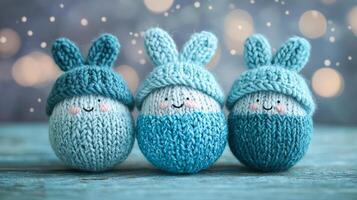 Three blue knit rabbits are sitting on a wooden table. The rabbits are smiling and appear to be happy photo