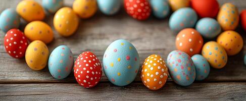 A colorful egg string with blue, orange, and yellow eggs. The eggs are decorated with polka dots photo