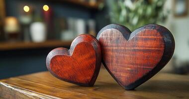 Two wooden hearts are placed on a wooden table. The table is surrounded by a room with a potted plant and a few other items. Concept of warmth and love, as the wooden hearts are a symbol of affection photo