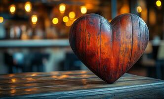 A wooden heart is sitting on a table. The heart is brown and has a rustic appearance. The table is surrounded by chairs and there are people in the background. The scene gives off a cozy photo