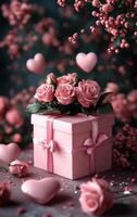 A beautiful pink box with a pink bow on top and a bunch of pink roses on the bottom. The roses are arranged in a way that they look like they are floating around the box, giving it a romantic photo