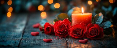 A candle is lit on a table with red roses. The candle is surrounded by red roses and heart-shaped decorations. The image conveys a romantic and intimate atmosphere photo