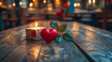 A candle is lit on a wooden table with a heart and a leaf on top of it. The candle is surrounded by a box with a heart on it. The scene is romantic and intimate, with the candle photo