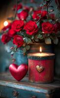 A red candle sits on a wooden table next to a heart-shaped object. The candle is lit, creating a warm and romantic atmosphere. The heart-shaped object could be a decoration or a gift photo