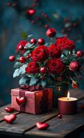 A bouquet of red roses is placed on a wooden table next to a red box with a heart on it and a lit candle. Concept of love and warmth, as the roses and heart symbolize affection photo