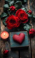 A heart is placed on a wooden box with a candle and roses. The candle is lit, and the roses are red. The image conveys a romantic and intimate mood, suggesting that the heart is a symbol of love photo