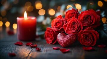 A candle is lit next to a bouquet of red roses. The candle is surrounded by rose petals and the roses are arranged in a heart shape. The scene conveys a romantic and intimate atmosphere photo