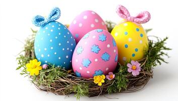 Colorful Easter eggs arranged in a nest. Brightly colored eggs decorated with patterns and bows sit in a nest surrounded by greenery and small flowers. photo