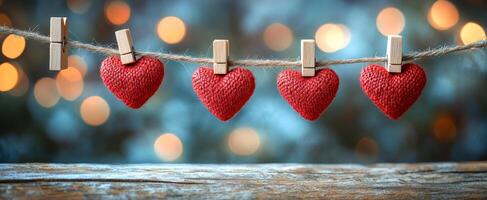 String of festive hearts. Red knitted hearts hang from a string with soft lights glowing in the background, creating a cozy atmosphere. photo