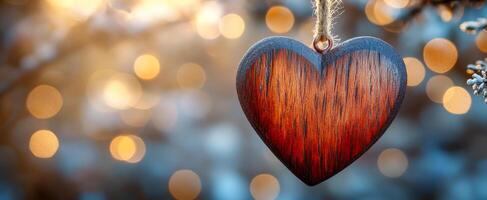 Wooden heart with bokeh lights. A rustic wooden heart ornament hangs from a branch, illuminated by soft, warm bokeh lights in the background. photo