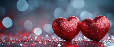 Sparkling hearts on bright backdrop. Two glittering red hearts are placed close together, surrounded by a shimmering, colorful blur of lights. photo