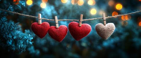 Hearts on a line, cozy vibe. Four handmade hearts are clipped to a jute string, glowing with soft lights in a serene backdrop at dusk. photo