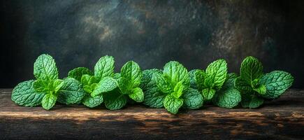 Mint leaves on wood surface. Bright green mint leaves are neatly lined up on a rustic wooden surface, showcasing their vibrant color and texture. photo