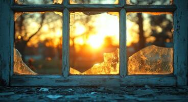 Broken window framing a sunset view. Sunlight shines through a broken window, illuminating shards of glass and casting warm tones in a serene setting. photo