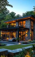 Modern stone house with outdoor lighting. A contemporary stone house surrounded by greenery features large windows and warm outdoor lighting in the evening. photo